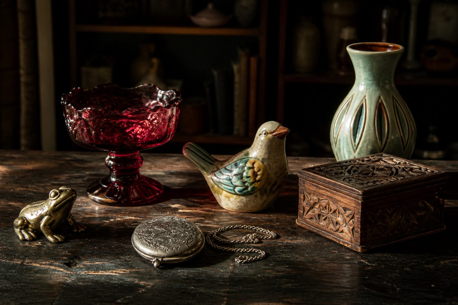 A table of vintage glass, ceramics, jewelry, and a small brass frog