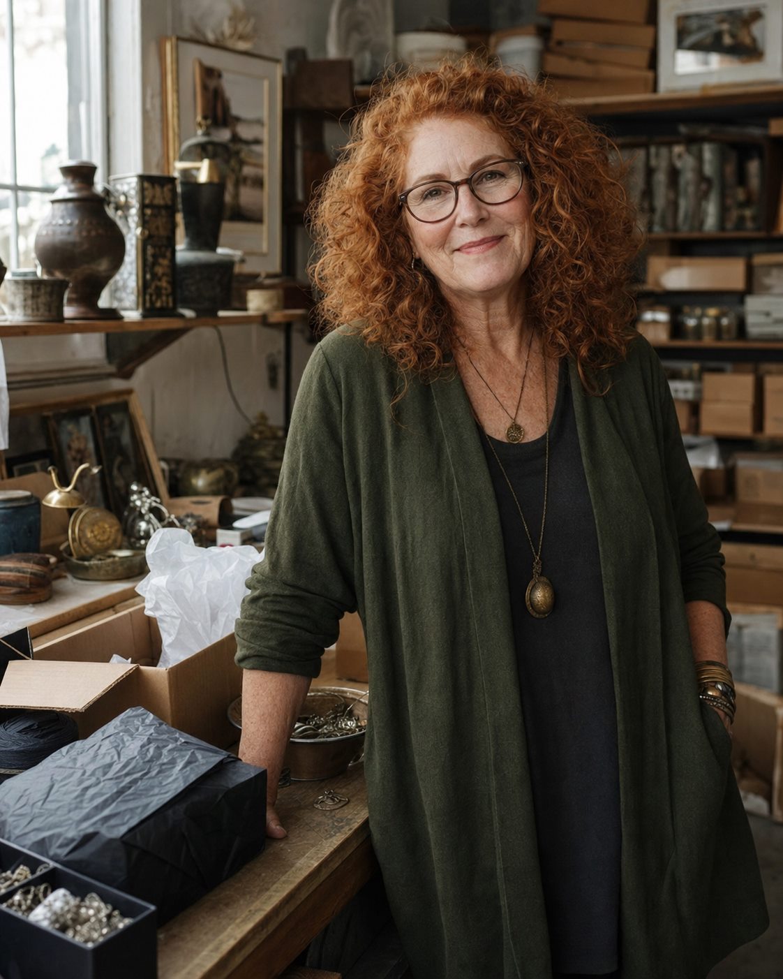 Gail in a working studio surrounded by vintage objects and packing materials